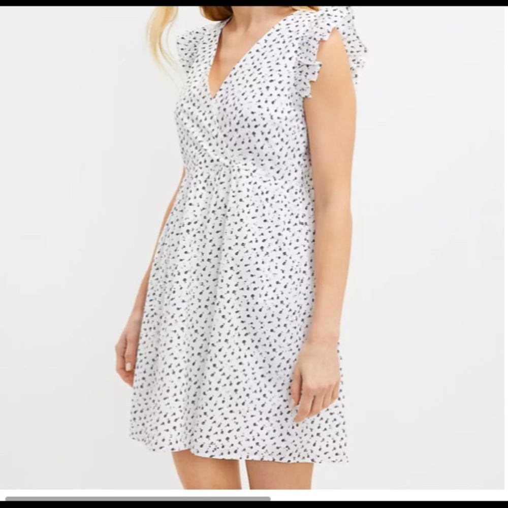 LOFT PETITE EYELET RUFFLE SLEEVE CROSSOVER DRESS 12 P